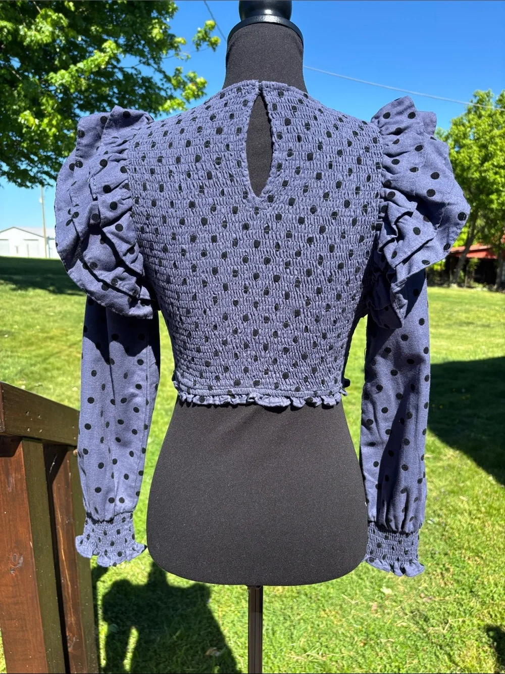 Zara Smocked Periwinkle Blue/Black Polka Dot Ruffle Sleeve Crop Top Small